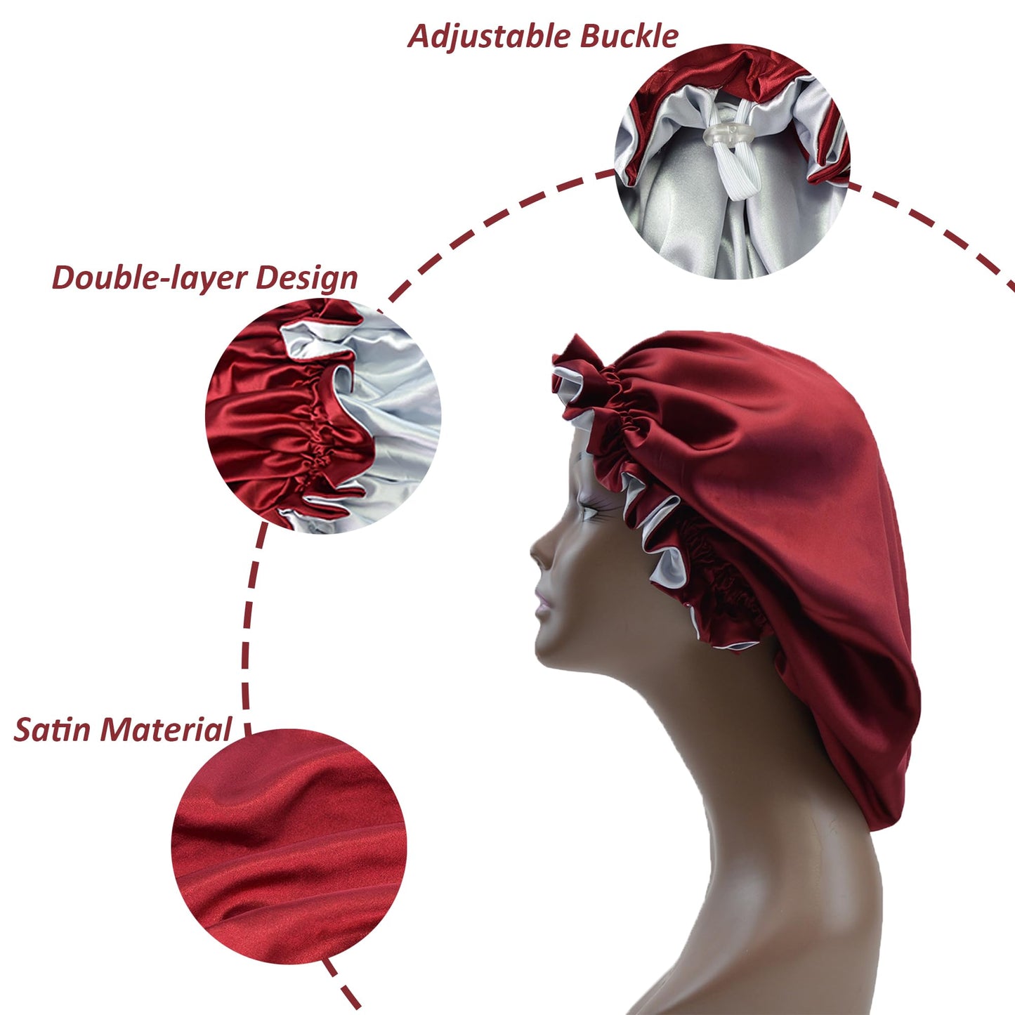 Beutyme Silk Bonnet for Sleeping Satin Bonnets Double Layer Reversible Hair Cap Bonnet for Women Long Curly Braid Hair (Crimson)