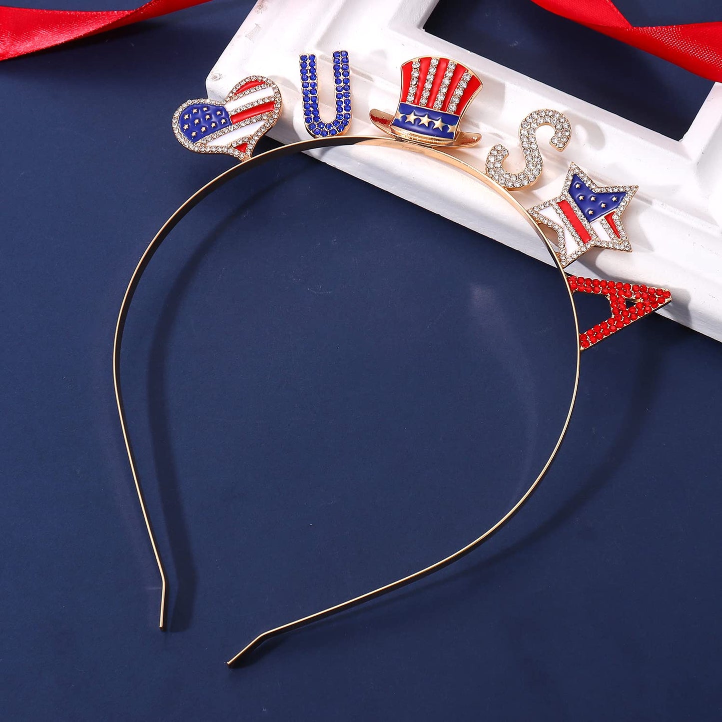 NVENF 4th of July Patriotic Headband Rhinestone American Flag Star Hairband for Women Independence Day Costume Party Headwear