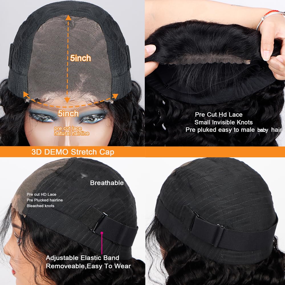 Wear and Go Glueless Wigs Human Hair Pre Plucked Pre Cut Deep Wave Lace Front Wigs Human Hair Pre Plucked Wigs for Black Women Human Hair Glueless Closure Wigs Human Hair 180 Density 18inch