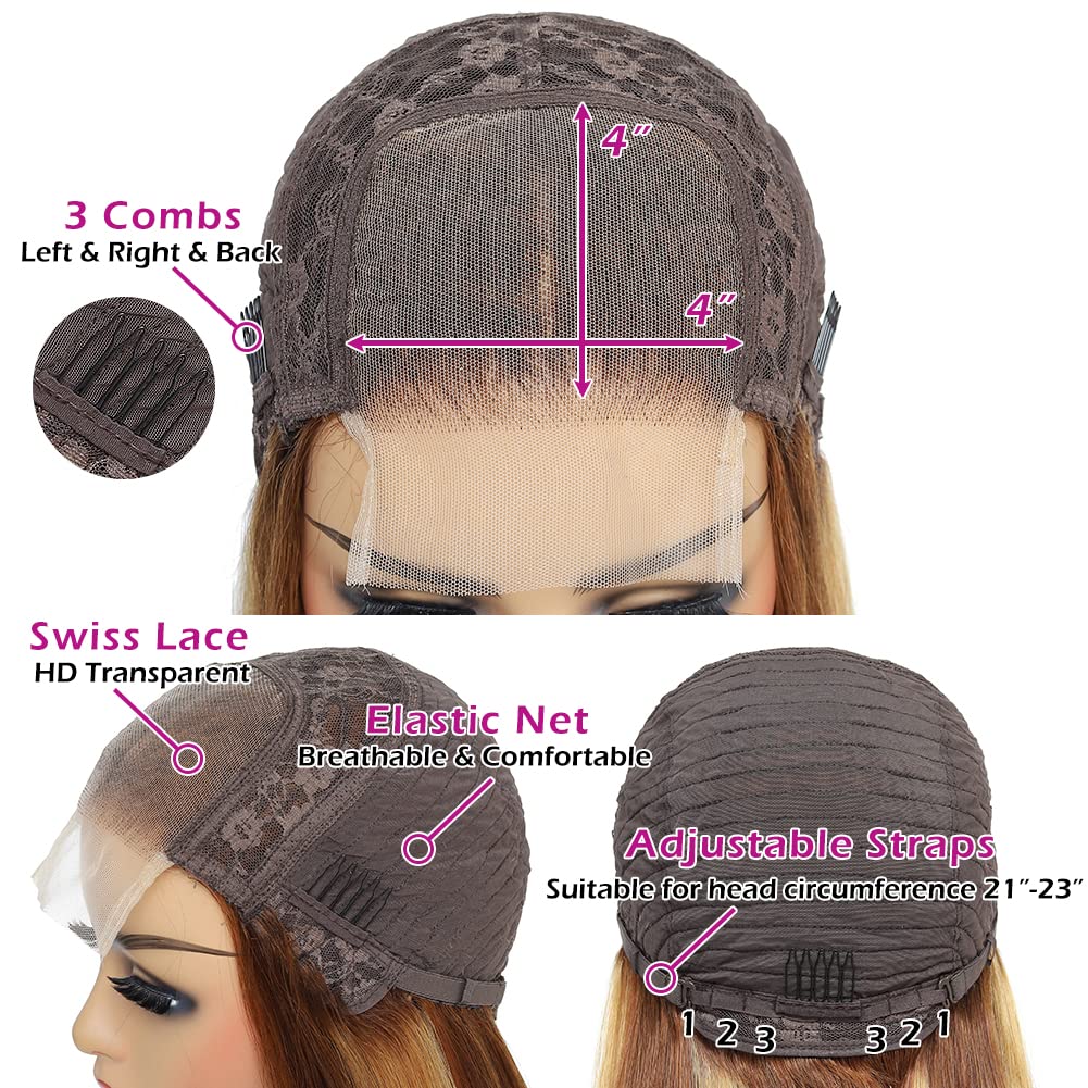 ALISFEEL 4x4 Highlight Lace Closure Wig Human Hair Lace Closure Human Hair Wigs for Black Women 4/27 HD Transparent Pre Plucked Lace Front Wig 180% Density Colored Brazilian Straight Wig (24 Inch)