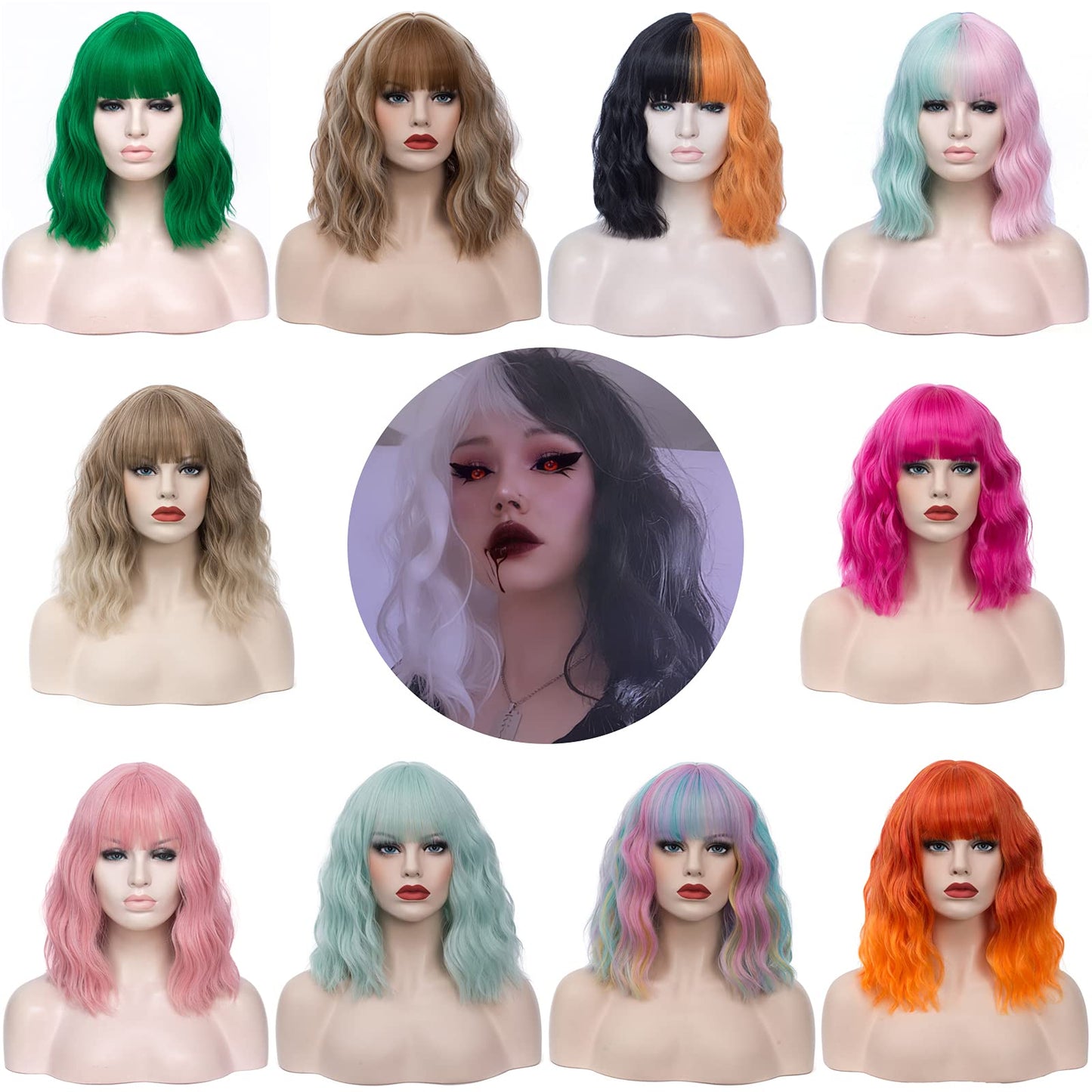 WGPFWIG Women's Mint Green Wig Short Curly Wavy Wig Shoulder Length Flat Bangs Wig For Women Girl Cosplay Party Halloween Wig Cap Included (Mint Green-20)