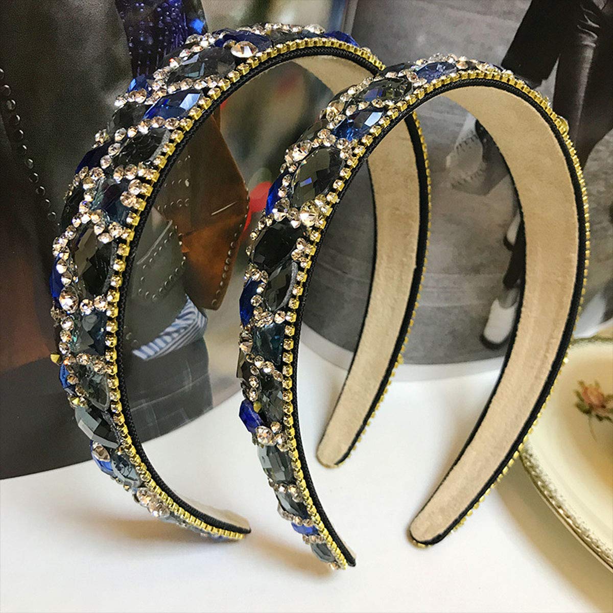 Women Lady Fashion Hair-Band Jewel Headbands Handmade Luxury Irregular Sparkle Crystal Rhinestone Wide-edge Headband Hair Hoop (Blue)