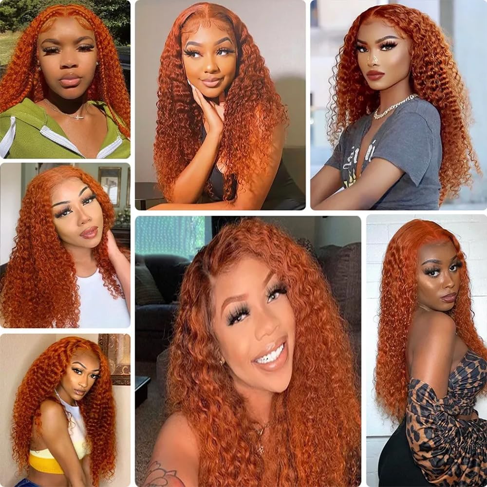Burnt Orange Deep Curly Human Hair Bundles Color 350 Human Hair Bundles Double Weft Remy Hair Wet and Wavy Bundles Soft and Silky Ginger Deep Wave Bundles for Black Woman (14 16 18 inch,3 Bundles)