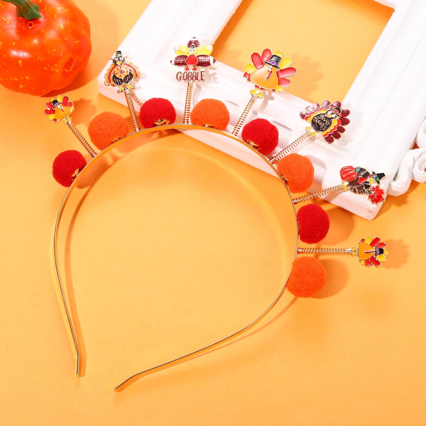 NVENF Thanksgiving Headband Autumn Fall Hairbands for Women Rhinestone Letter ‘GIVE THANKS’ ‘HAPPY FALL’ Gold Hair Hoop Thanksgiving Party Favors Hair Accessory Gifts (Pom Pom)