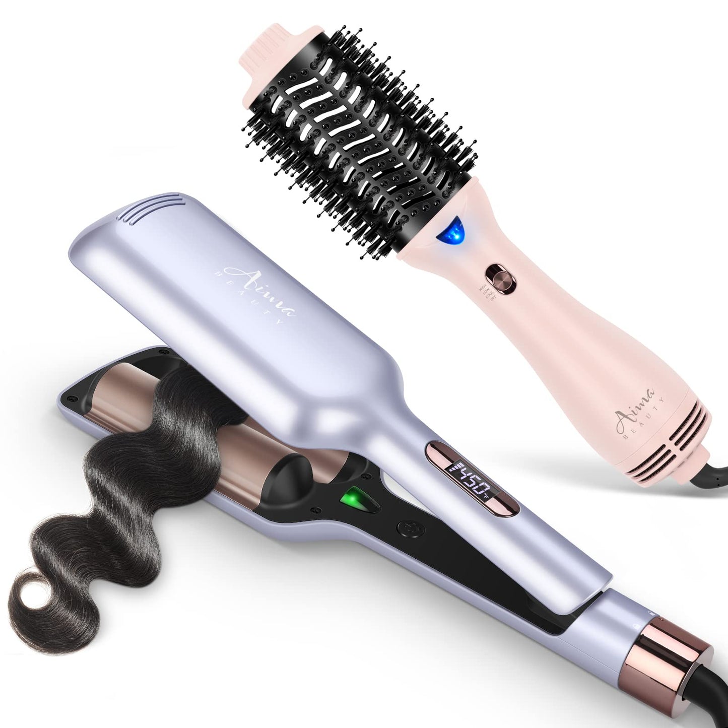 Aima Beauty One Step Hair Dryer and 32mm (1.25") Aima Beauty Twins Mermaid Hair Waver Bundle