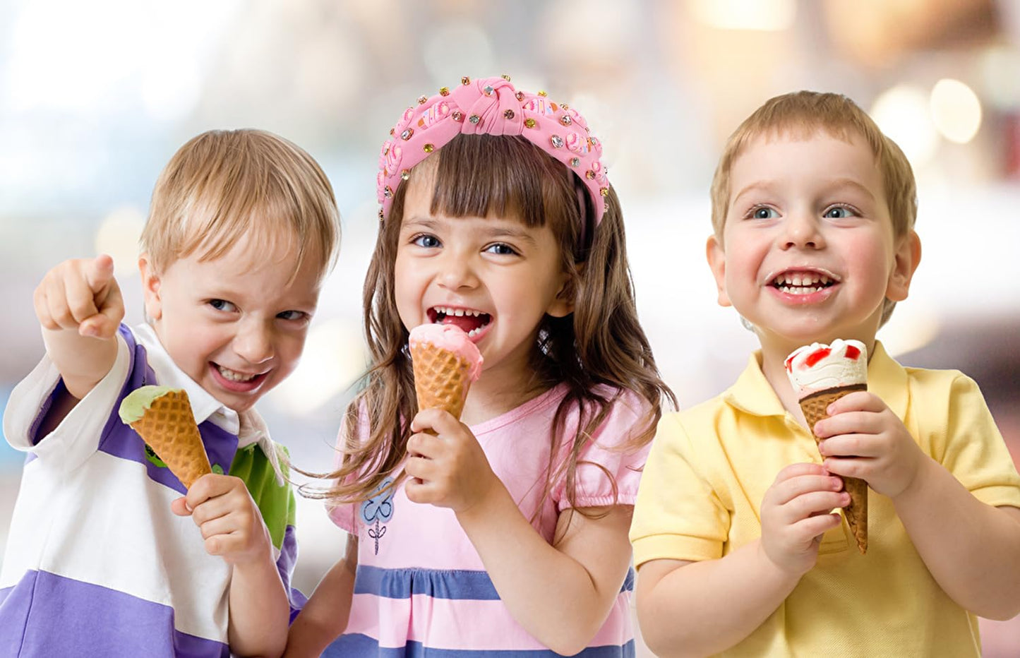 ZOLEAROPY Summer Ice Cream Knotted Headband Sparkle Rhinestone Jeweled Pink Wide Headband Cute Icecream Top Knot Headband Candy Birthday Party Headband