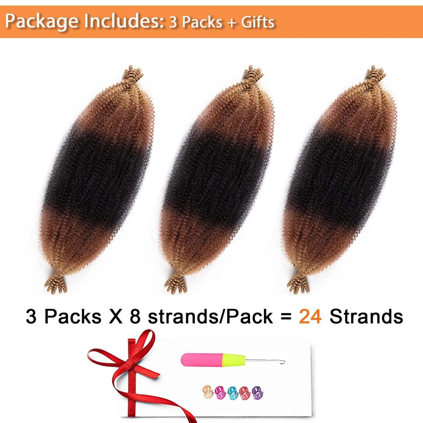 Black Brown Springy Afro Twist Hair 24 Inch 3 Packs Afro Twist Spring Hair Braiding Hair Extension (24 Inch, 3packs, 1B/30/27#)
