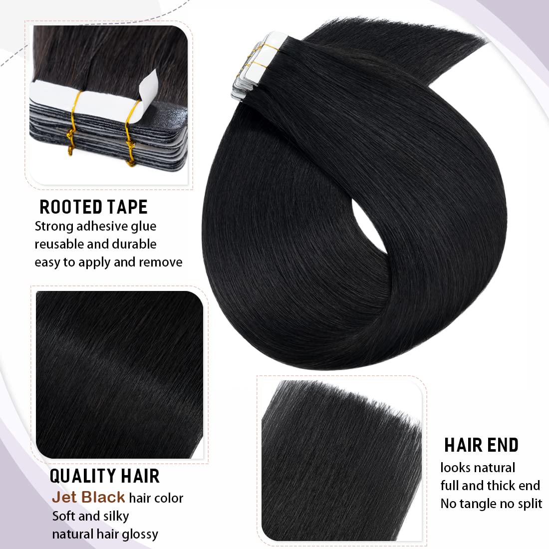 S-noilite Rooted Tape in Hair Extensions Human Hair Tape in Human Hair Seamless Skin Weft Invisible Double Sided Glue in hair for women Silky Straight 20Pcs 60g 22 Inch (#01 Jet Black)