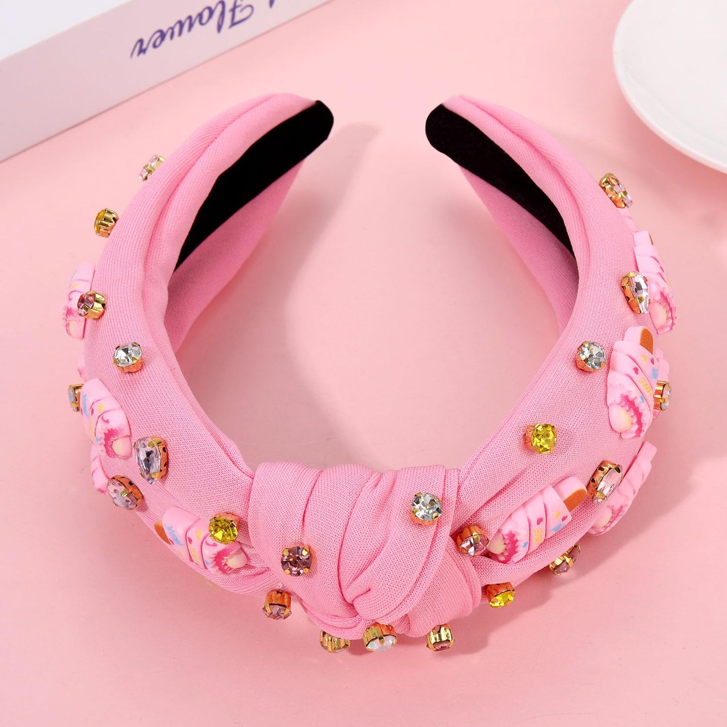 ZOLEAROPY Summer Ice Cream Knotted Headband Sparkle Rhinestone Jeweled Pink Wide Headband Cute Icecream Top Knot Headband Candy Birthday Party Headband