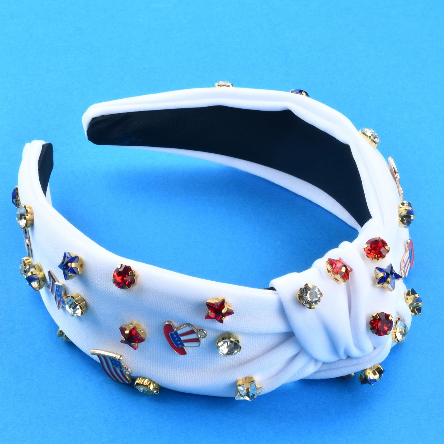 ABONDEVER Patriotic Rhinestone Beaded Headbands for Women American Flag Crystal Knotted Headband Embellished Jeweled Headbands 4th of July Hairband Accessories Gifts (White-Star)