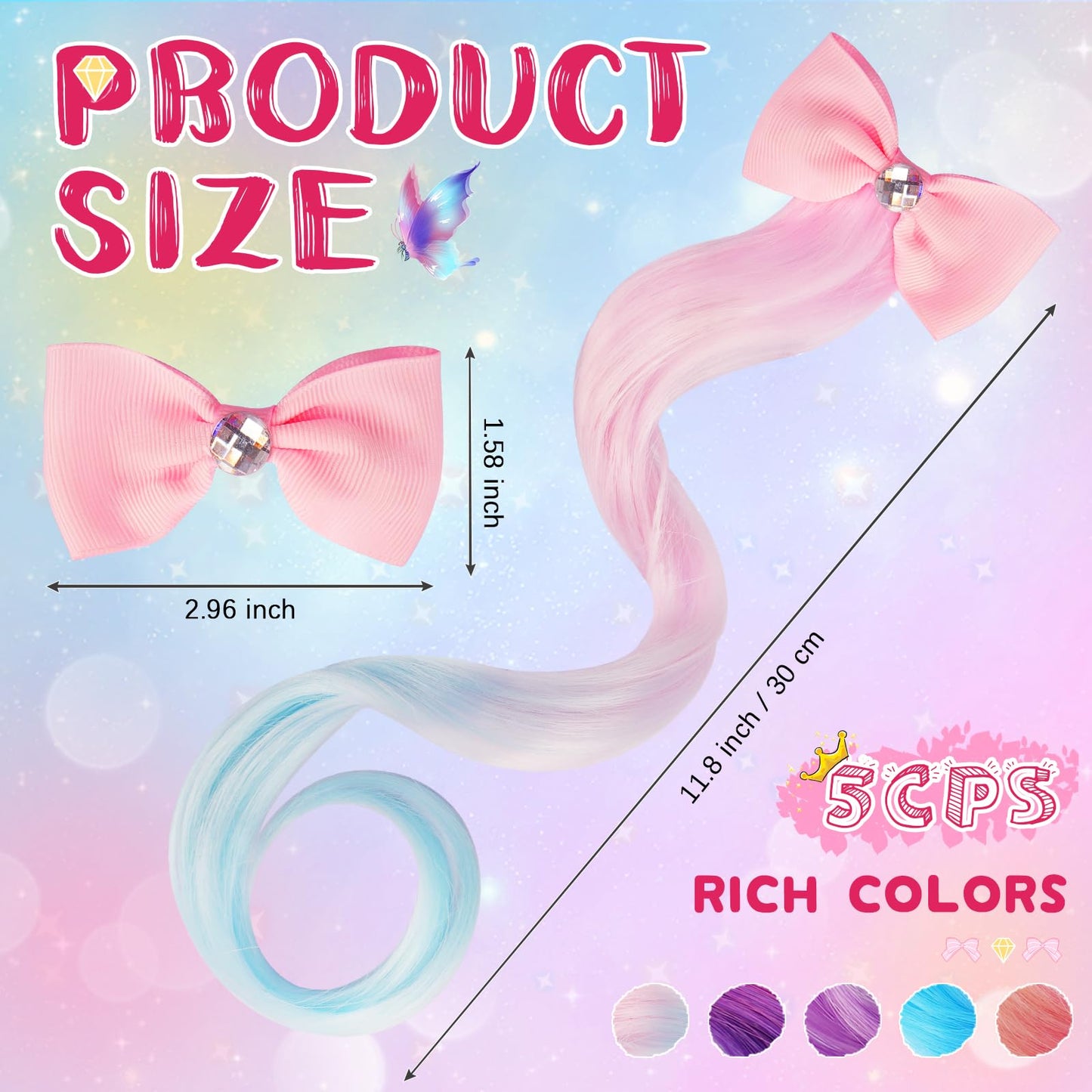 SOFEIYAN 5 Pcs Colored Hair Clips for Girls 11.8 in Wavy Curly Hair Extensions Cute Rainbow Hair Bows Princess Dress Up Hair Accessories for Kids Toddler Birthday Gifts