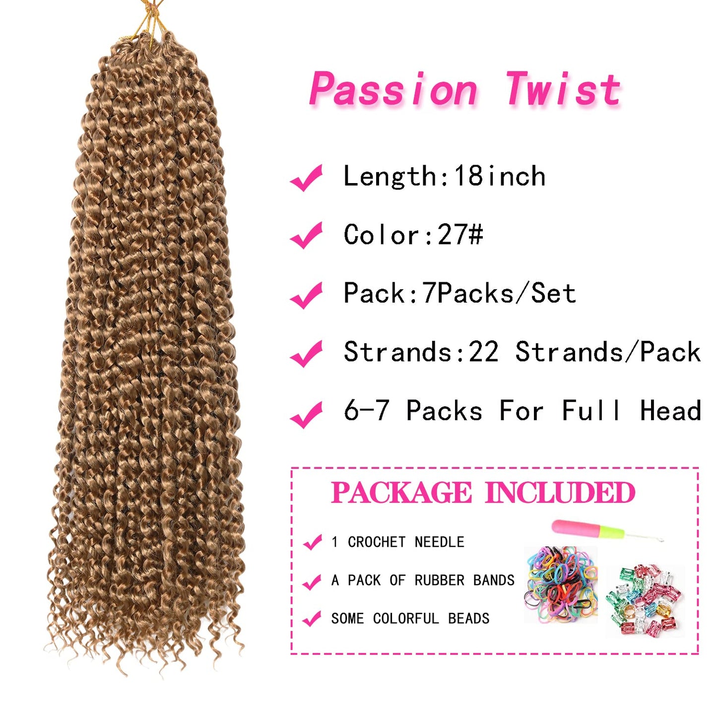 Ubeleco 18 Inch Passion Twist Hair, Blonde Water Wave Crochet Hair for Women Passion Twist Crochet Hair 22 Strands/Pack Long Bohemian Synthetic Curly Passion Twists Braiding Hair Extensions(7pcs,#27)
