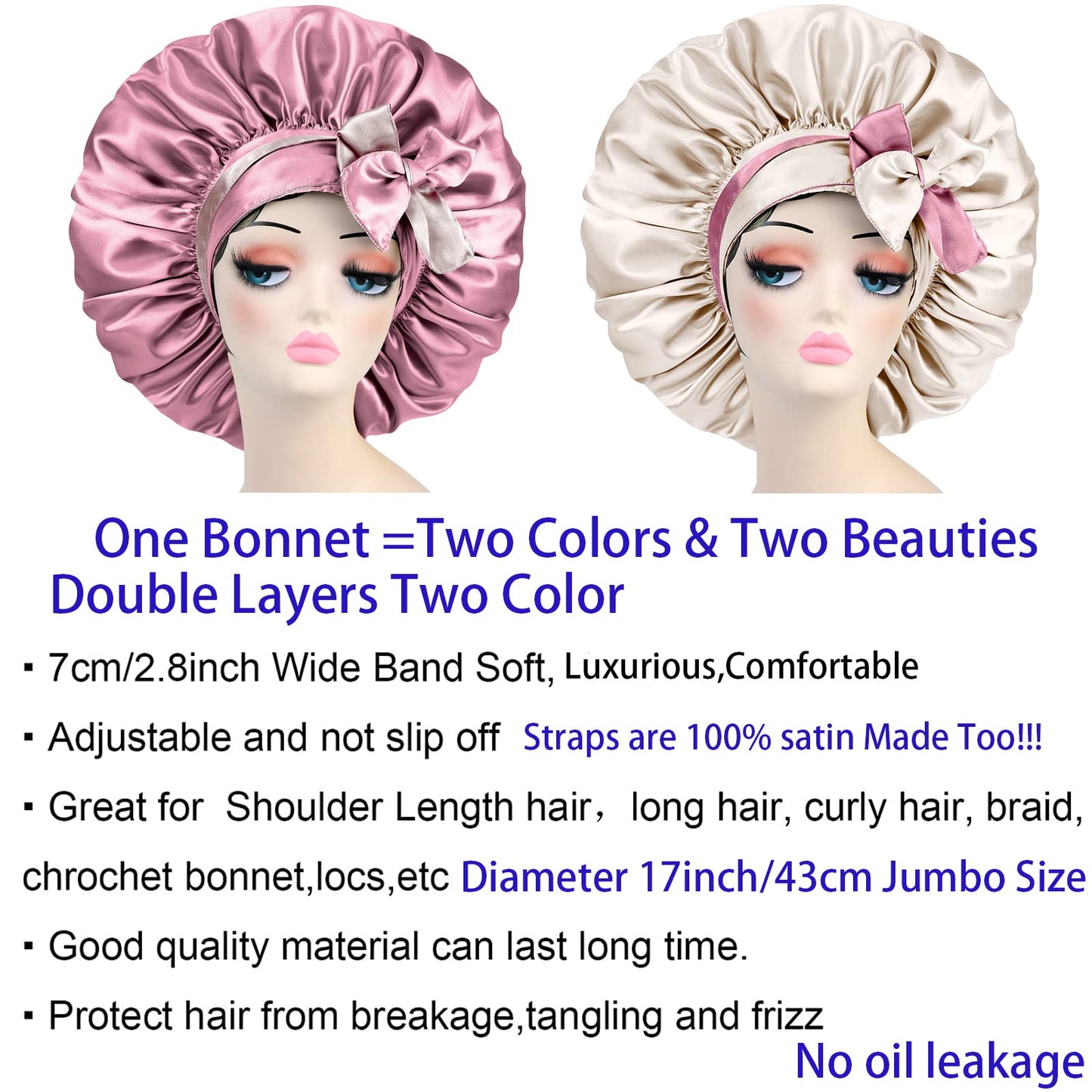 Satin Silk Bonnet Hair Cap: Extra Large Jumbo Adjustable Double Layer Reversible Sleeping Satin Lined Bonnets Night Cap (Rosegold&Champagne)