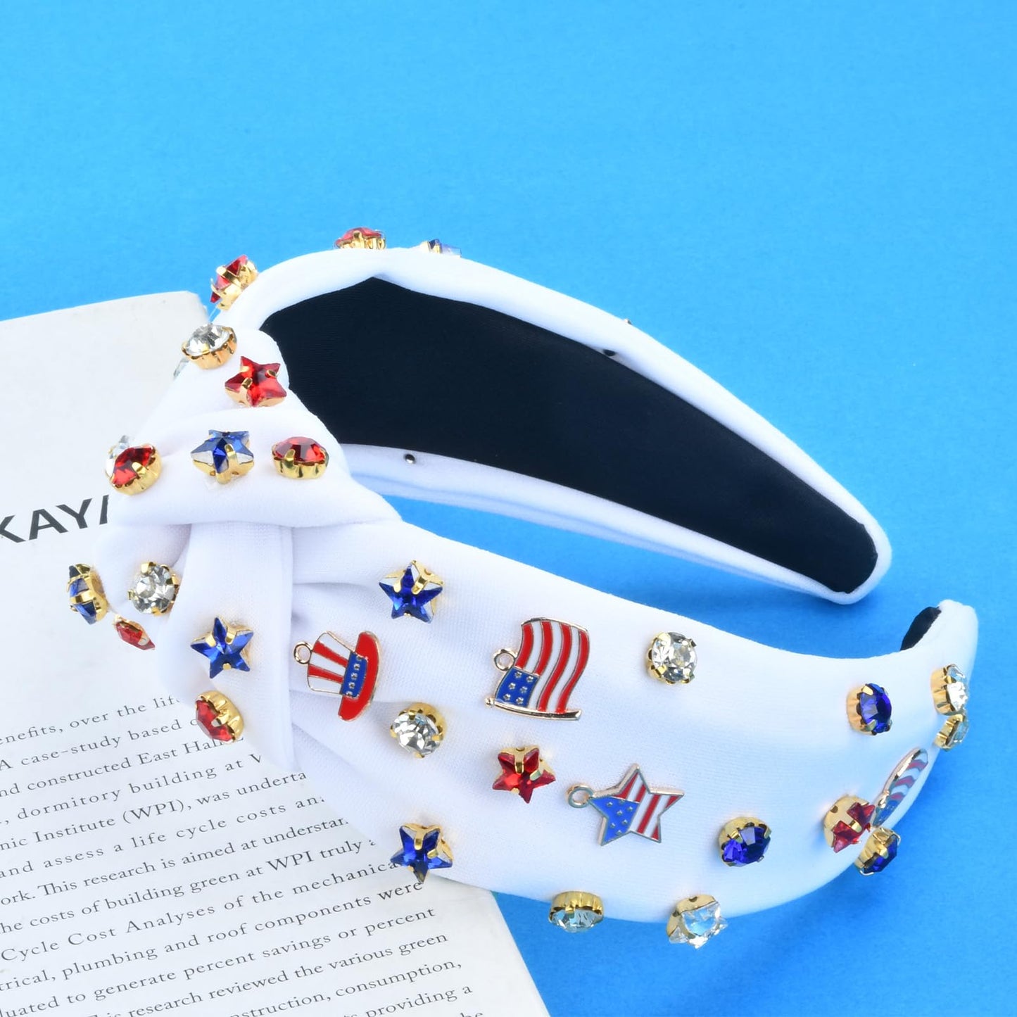 ABONDEVER Patriotic Rhinestone Beaded Headbands for Women American Flag Crystal Knotted Headband Embellished Jeweled Headbands 4th of July Hairband Accessories Gifts (White-Star)
