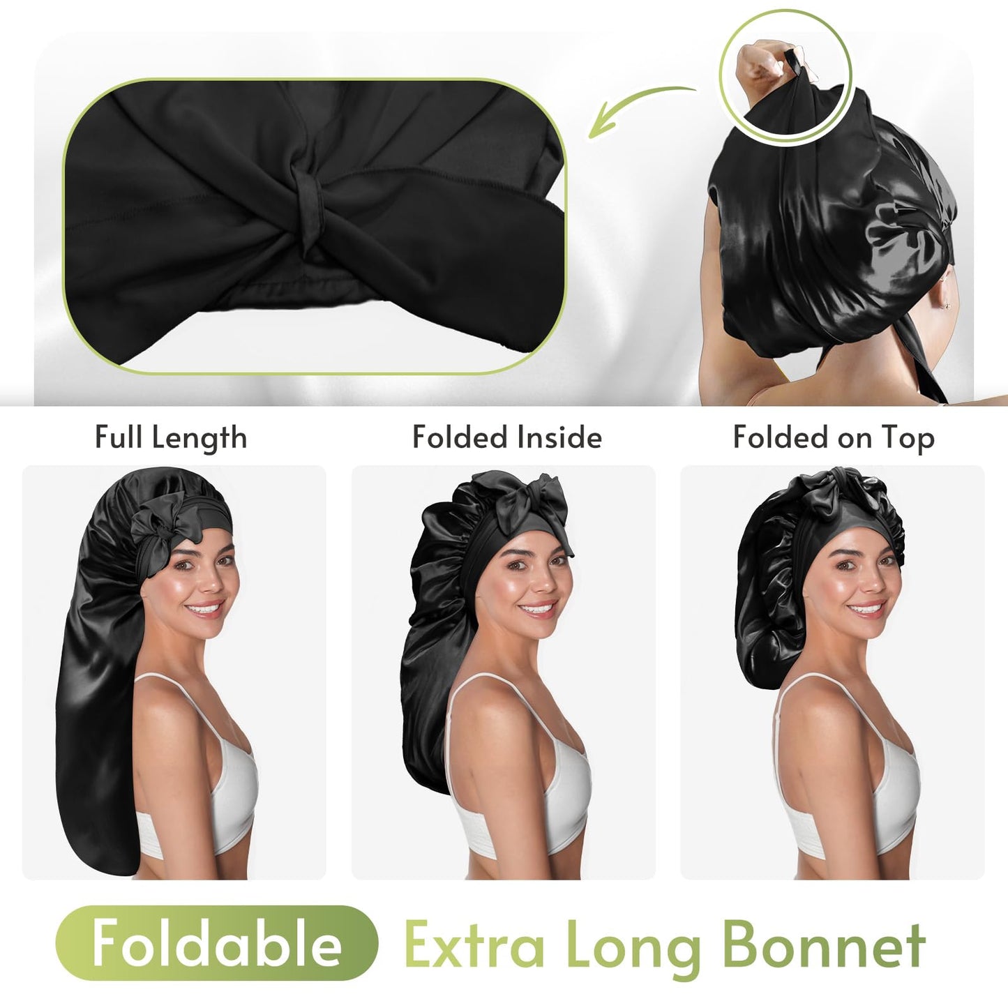 BONNET QUEEN Braid Bonnet Silk Bonnet Foldable Extra Long Bonnet for Braids Satin Bonnet for Sleeping Hair Bonnet with Tie Band Long Sleep Cap Black