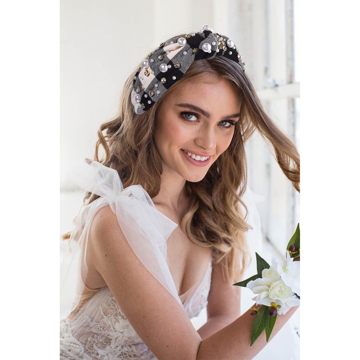 Women's Xmas Embellished Plaid Knotted Headband with Rhinestones, Crystals and Pearls - Holiday Outfit Accessory Gift (White Black)
