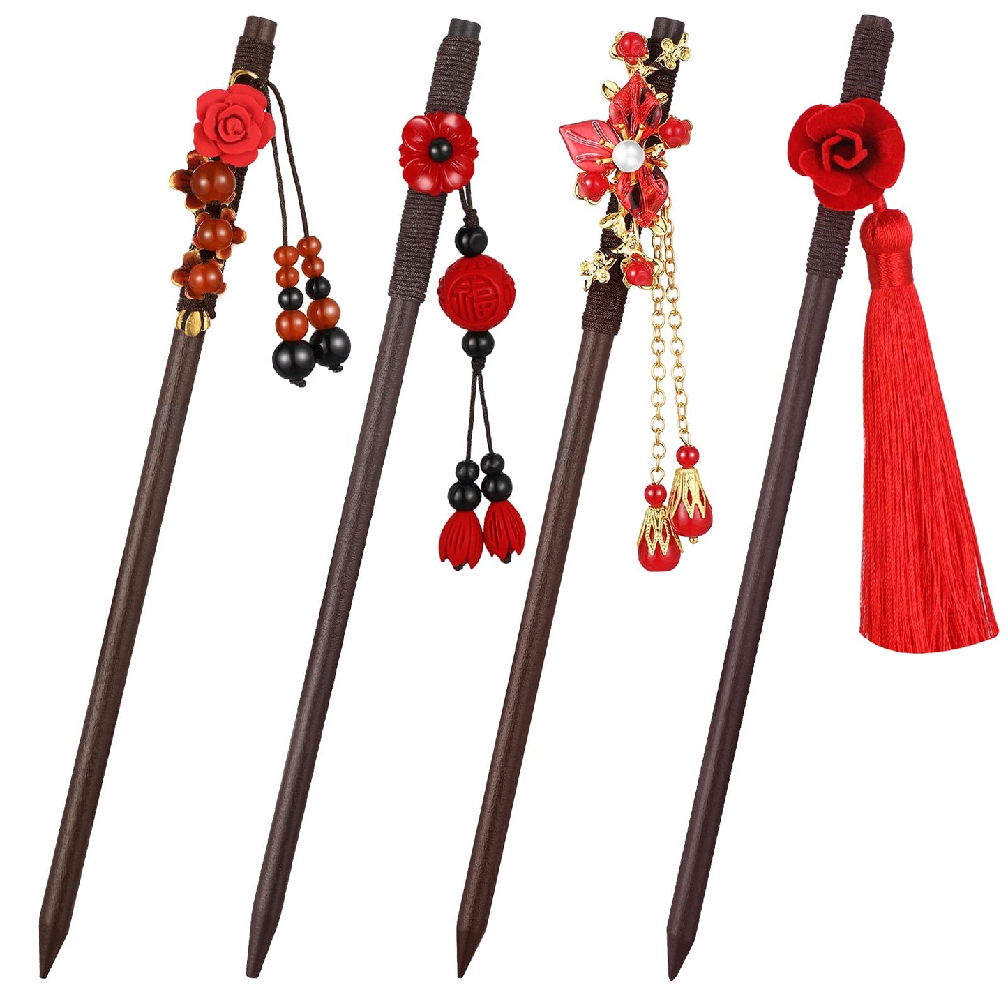 Waydress 4 Pcs Retro Geisha Red Wooden Hairpins Japanese Hair Stick Asian Hair Chopsticks Handmade Flower Tassel Hair Accessories with Tassel for Women Girl Long Hair (Classic Style)