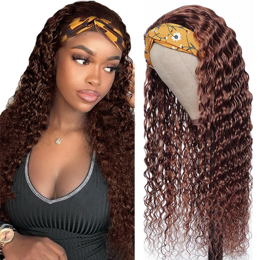 YiweYowe 32 Inch #4 Brown Deep Curly Wave Headband Wig Human Hair #4 Color Glueless None Lace Front Wig 150% Density Brazilian Virgin Hair Deep Curly Wigs for Black Women
