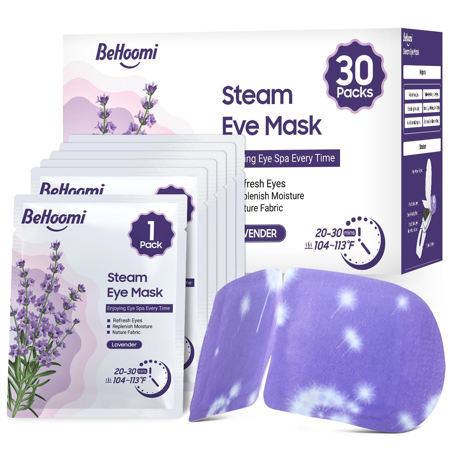 BeHoomi 30Packs Steam Eye Mask, Heated Eye Mask Warm Compress for Eyes, Self Heating Disposable Eye Masks for Home Sleep, Spa, Travel Essentials & Relaxation Gifts, Stocking Stuffers (Lavender)