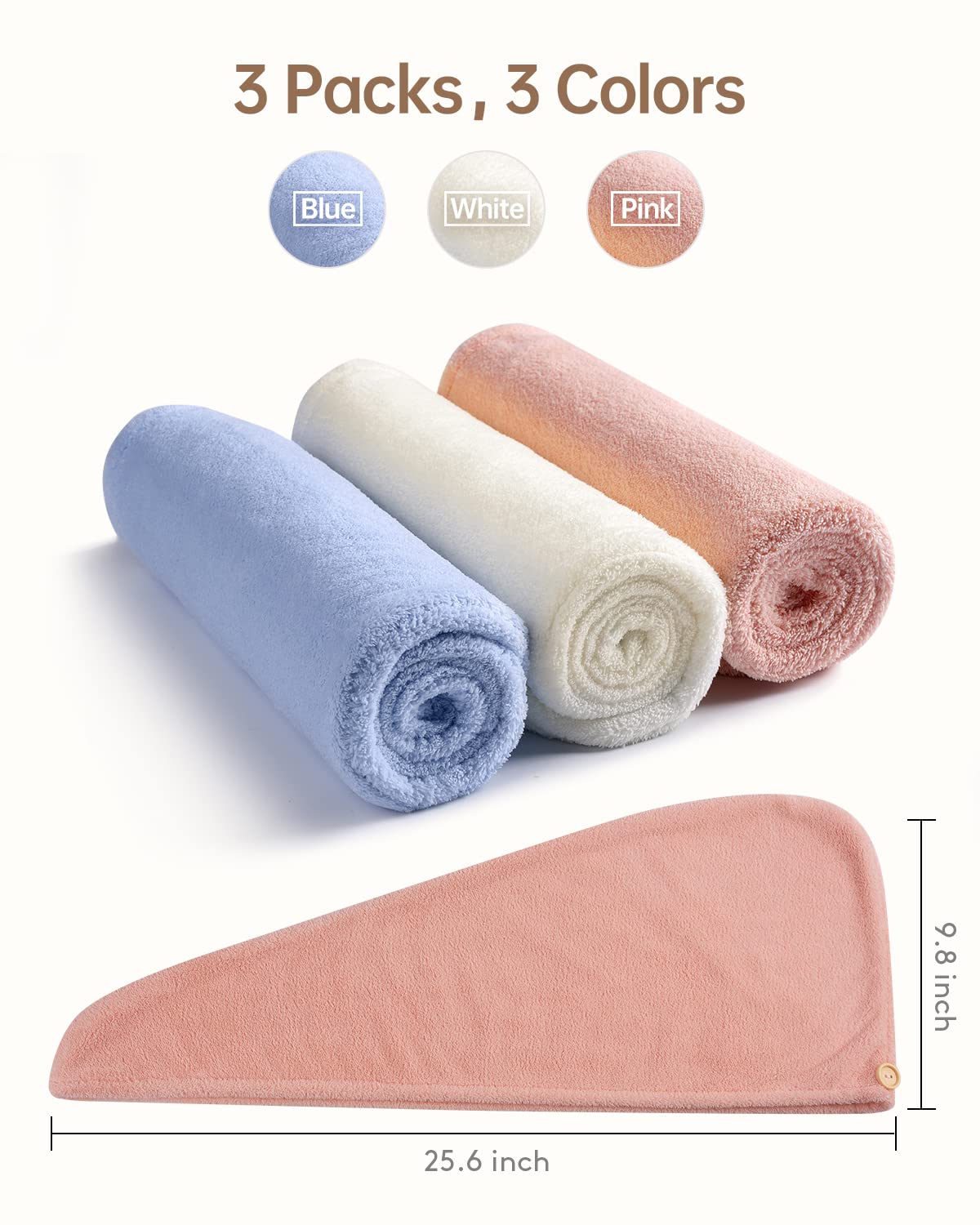 YFONG Microfiber Hair Towel 3 Pack, Hair Towel with Button, Super Absorbent Hair Towel Wrap for Curly Hair, Fast Drying Hair Turban Towel for Women, Anti Frizz Microfiber Towel