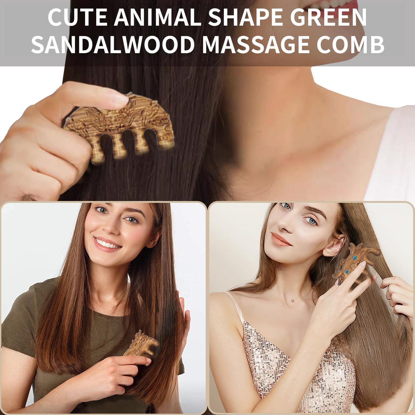 Rhinenet 3PCS Scalp Massager Natural Green Sandalwood Wood Massage Comb Wide Tooth Handmade No Static Head Massage Cute Animal Shapes Comb for Women Men Hair Neck Hands Legs Caring Tool (Dragon-3)