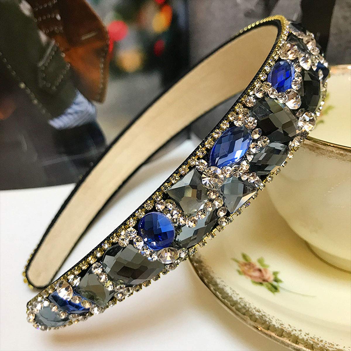 Women Lady Fashion Hair-Band Jewel Headbands Handmade Luxury Irregular Sparkle Crystal Rhinestone Wide-edge Headband Hair Hoop (Blue)