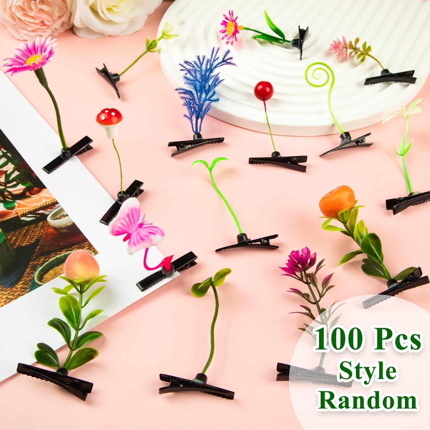 100 Pcs Sprout Clips Mixed Style Plant Hairpins Little Grass Sprout Hair Clips Butterfly Mushroom Hair Accessories Gift for Women Girls Kids Party School
