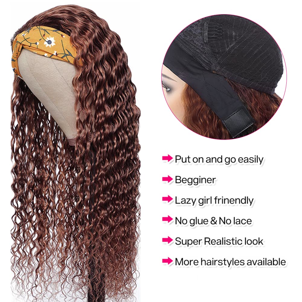 YiweYowe 32 Inch #4 Brown Deep Curly Wave Headband Wig Human Hair #4 Color Glueless None Lace Front Wig 150% Density Brazilian Virgin Hair Deep Curly Wigs for Black Women