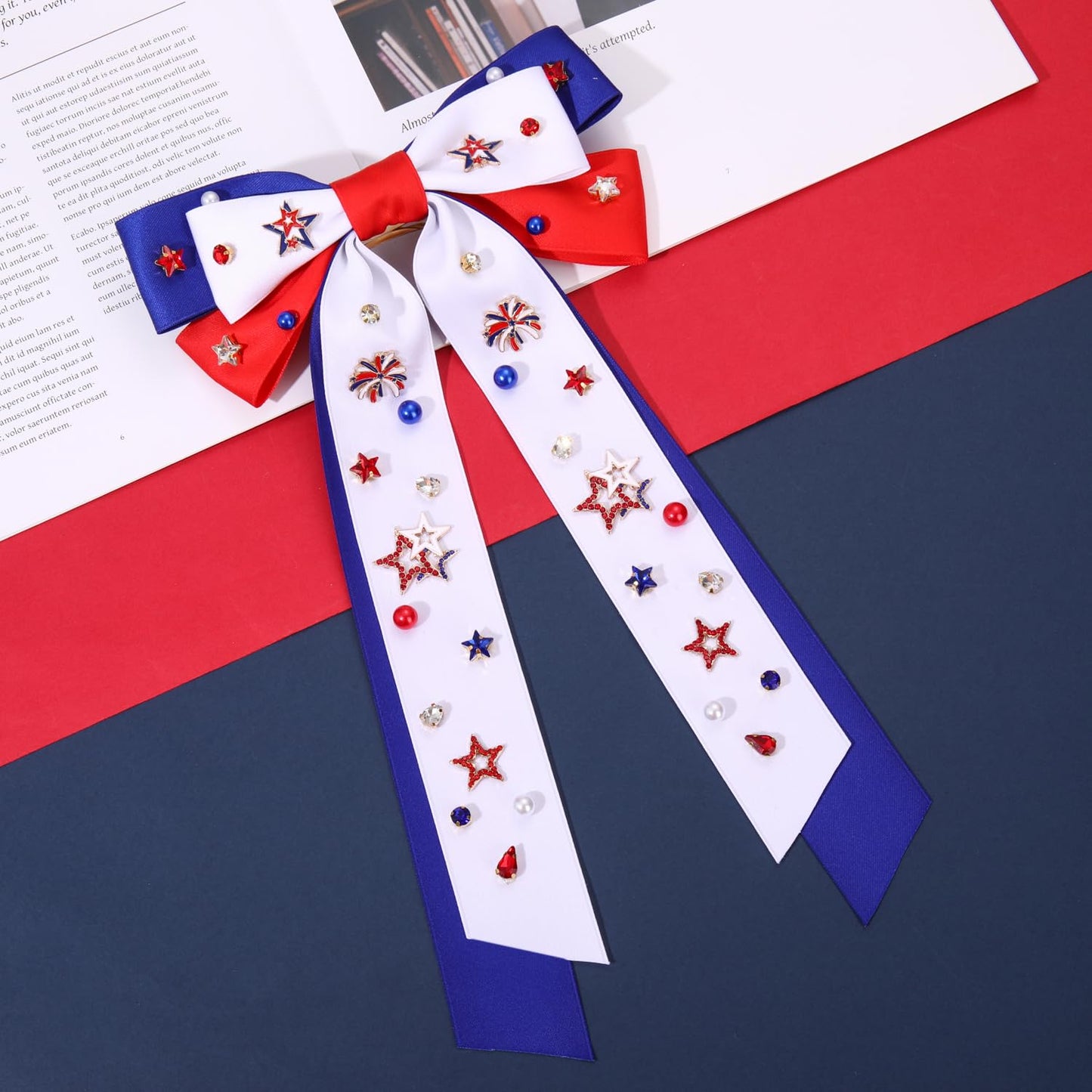 4th of July Women's Silky Satin Hair Accessories: Red, White, and Blue Star Patriotic Ribbons, Bows, and Clips for American Flag Outfits and Gifts (White 7)