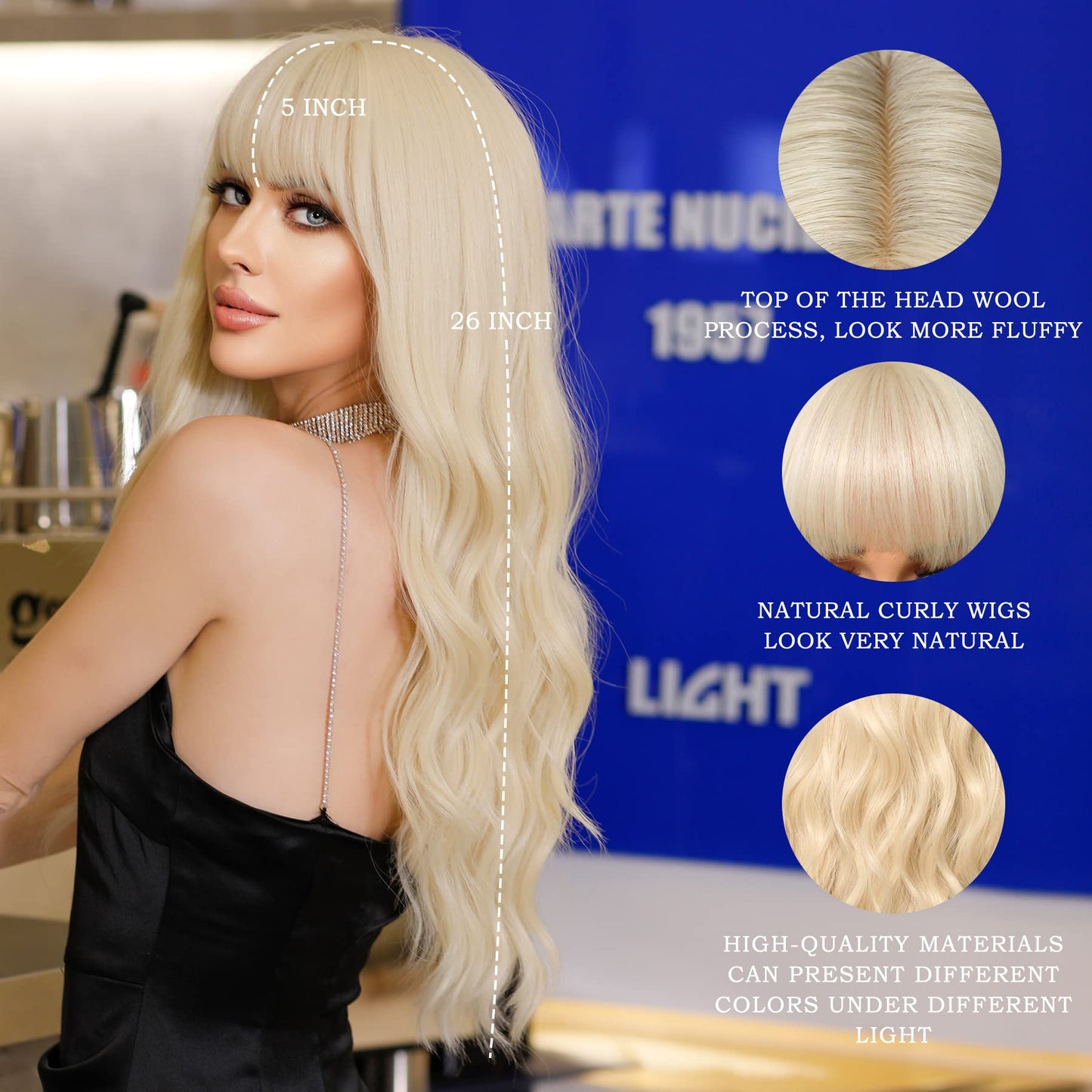 7JHH WIGS Long Platinum Wavy Wigs with Bangs 26in Curly Synthetic Heart Resiatant Wigs for Women Daily Party Cosplay Used