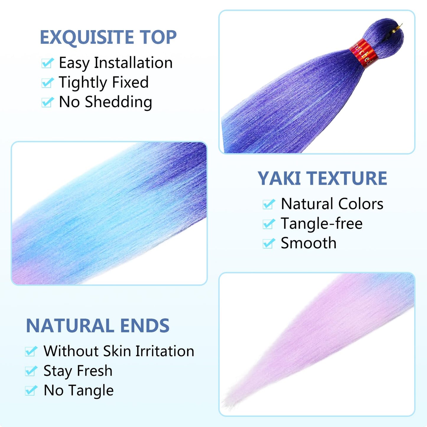 Ombre Purple-Light Blue-Lavender Pre Stretched Braiding Hair 30 Inch Braiding Hair 2 Packs Pre Feathered Hair Extensions Yaki Texture Braids Hair Easy to Use