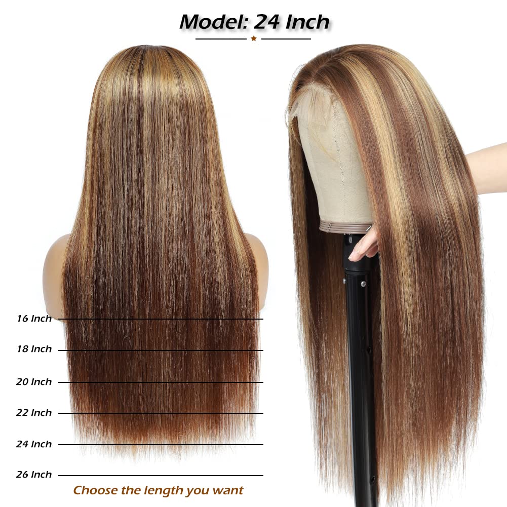 ALISFEEL 4x4 Highlight Lace Closure Wig Human Hair Lace Closure Human Hair Wigs for Black Women 4/27 HD Transparent Pre Plucked Lace Front Wig 180% Density Colored Brazilian Straight Wig (24 Inch)