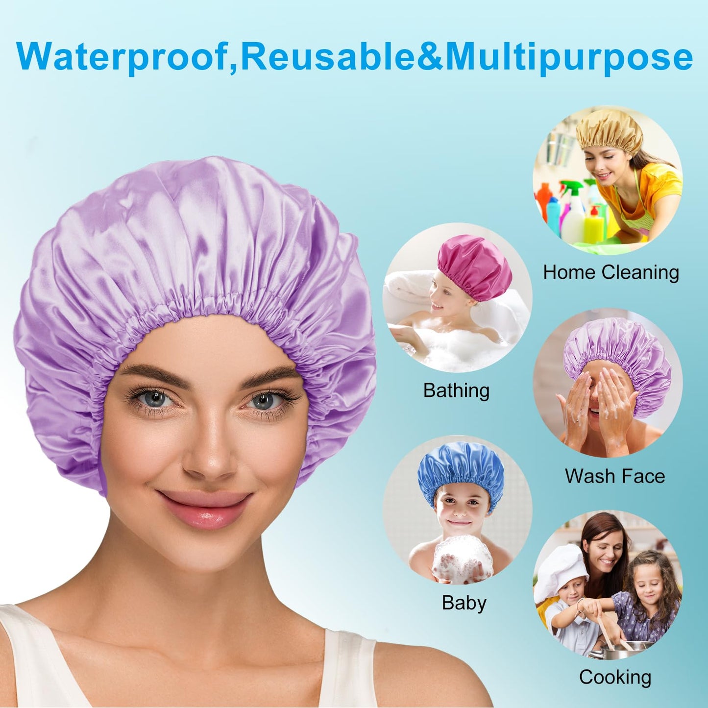 AmazerBath 4-Pack Shower Caps for Women, Double Waterproof Layers Bathing Shower Hat Hair Protection EVA Reusable, Medium Size - Ocean Blue, Light Purple, Gold, Rose Red