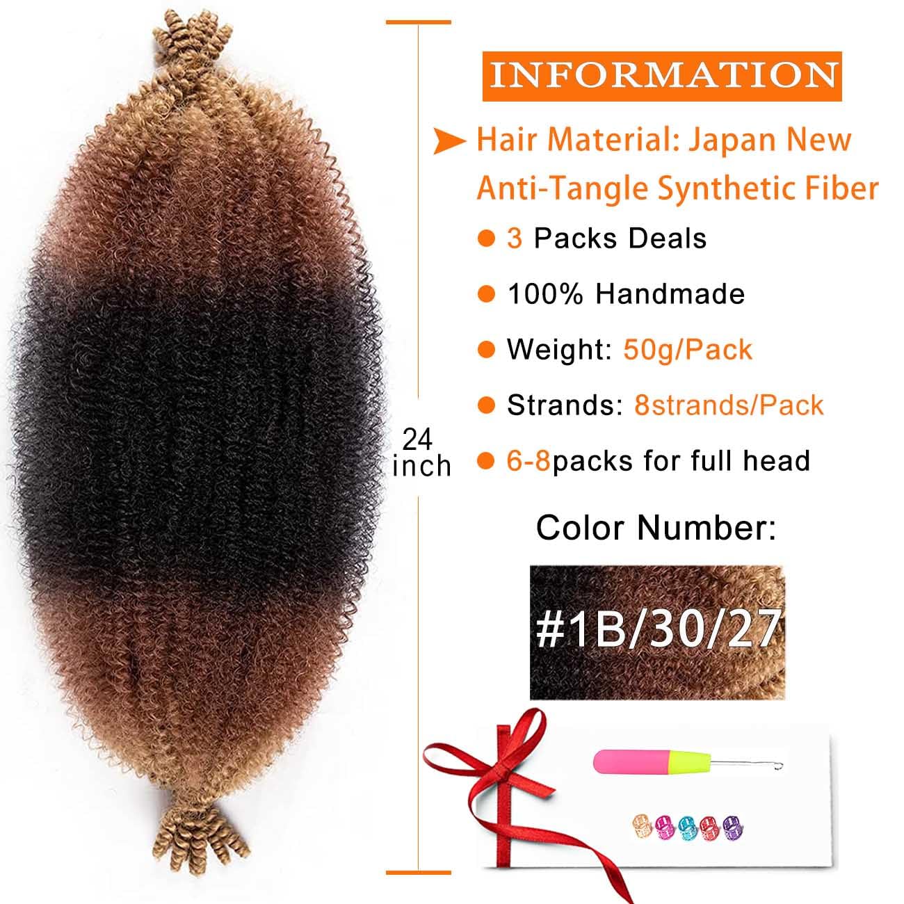 Black Brown Springy Afro Twist Hair 24 Inch 3 Packs Afro Twist Spring Hair Braiding Hair Extension (24 Inch, 3packs, 1B/30/27#)