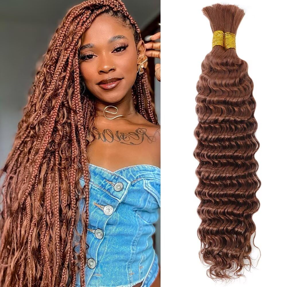 24 Inch 100g Deep Wave Human Braiding Hair 2 Bundles/Pack Color 30# Deep Curly Bulk Human Braiding Hair for Boho Braids No Weft 100% Brazilian Human Brown Braiding Hair Extensions for Micro Braids
