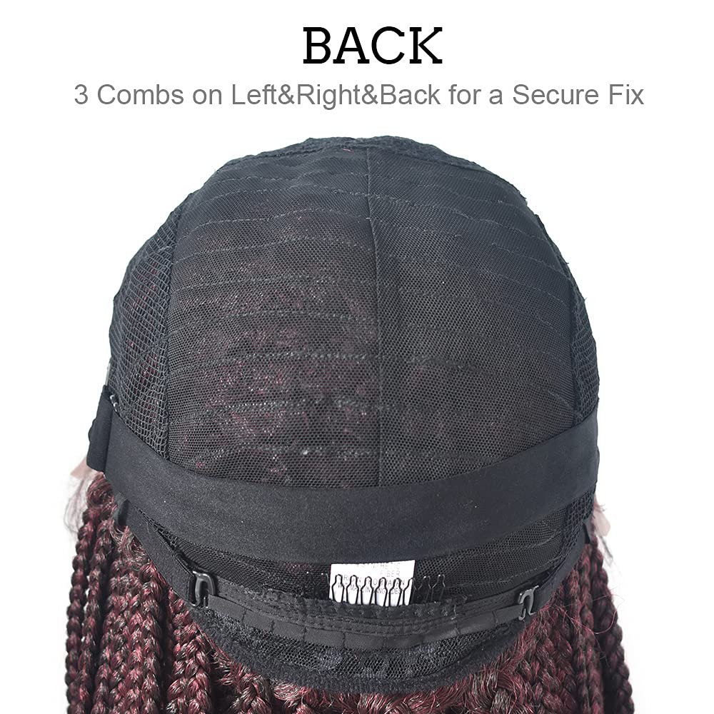 3”X3.8" Realistic Hand Tied Lace Front Box Braids Glueless Wig for Women Premium Quality Synthetic Lightweight Twist BOB Braided Wigs with Baby Hair Blonde Color (#1B/99JT Black Mix Wine Red)