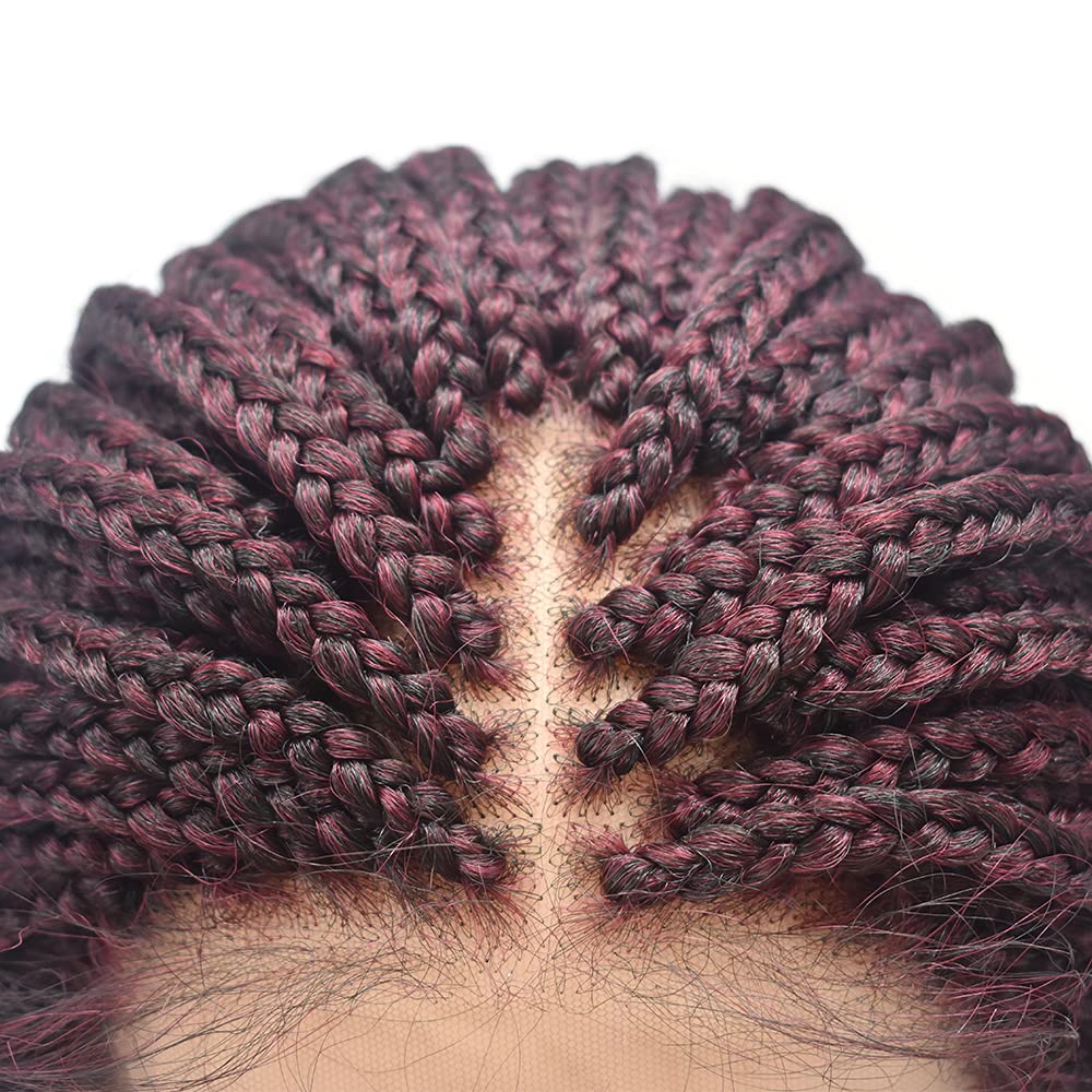 3”X3.8" Realistic Hand Tied Lace Front Box Braids Glueless Wig for Women Premium Quality Synthetic Lightweight Twist BOB Braided Wigs with Baby Hair Blonde Color (#1B/99JT Black Mix Wine Red)