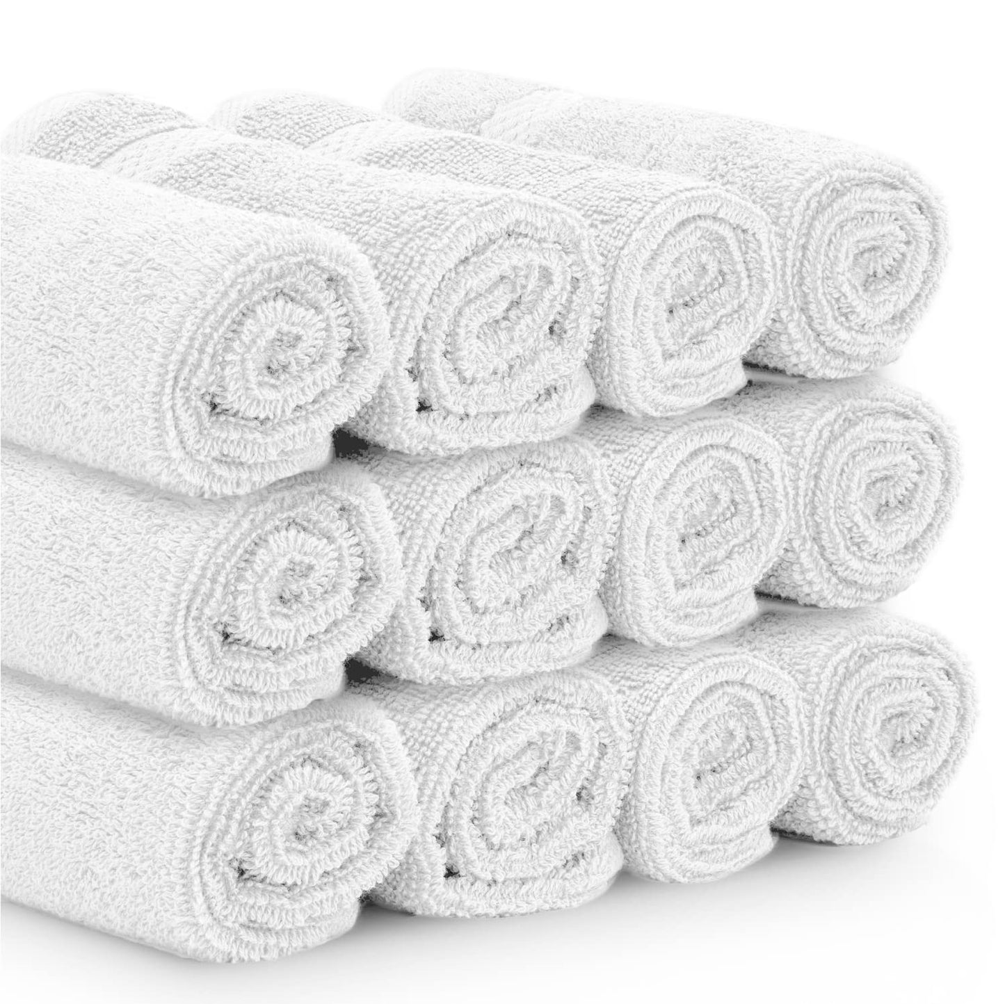 White Classic Luxury Cotton Washcloths - Large Hotel Spa Bathroom Face Towel | 12 Pack | Silver