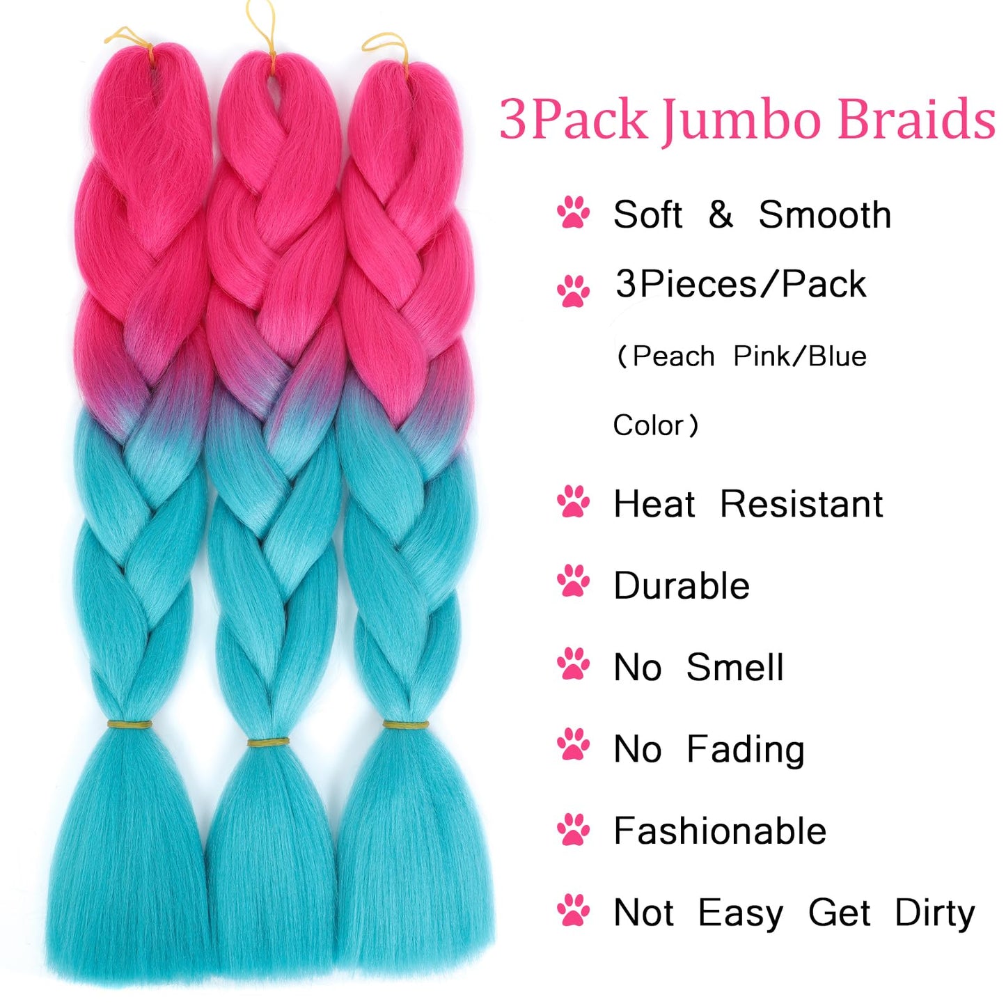 Ombre Braiding Hair 24inch Colored Braiding Hair Pre Stretched Bubble Braids Hair Extensions 3PCS Jumbo Braiding Hair (Peach Pink/Lake Blue)