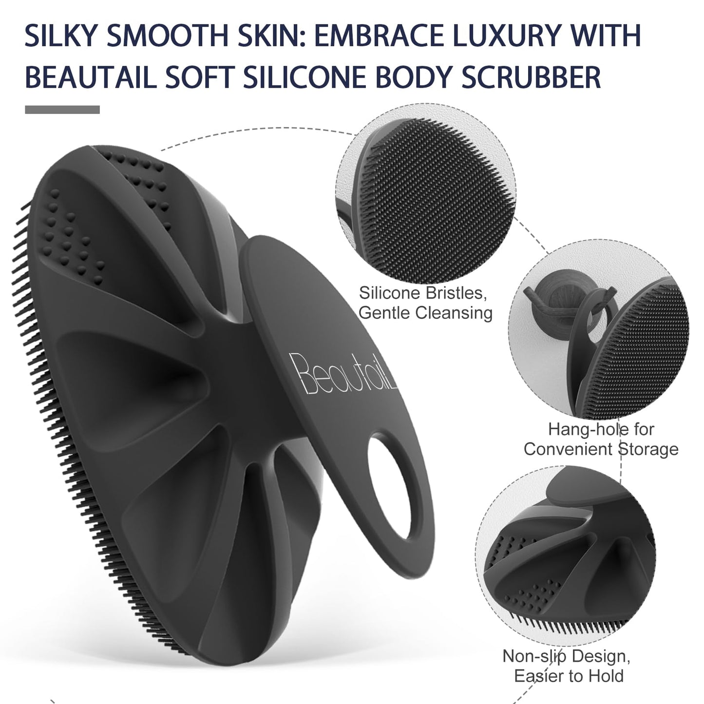 BEAUTAIL 1 Pack Silicone Body Scrubber Bath Shower Brush and 1 Pack Silicone Scalp Massager Shampoo Brush, Black