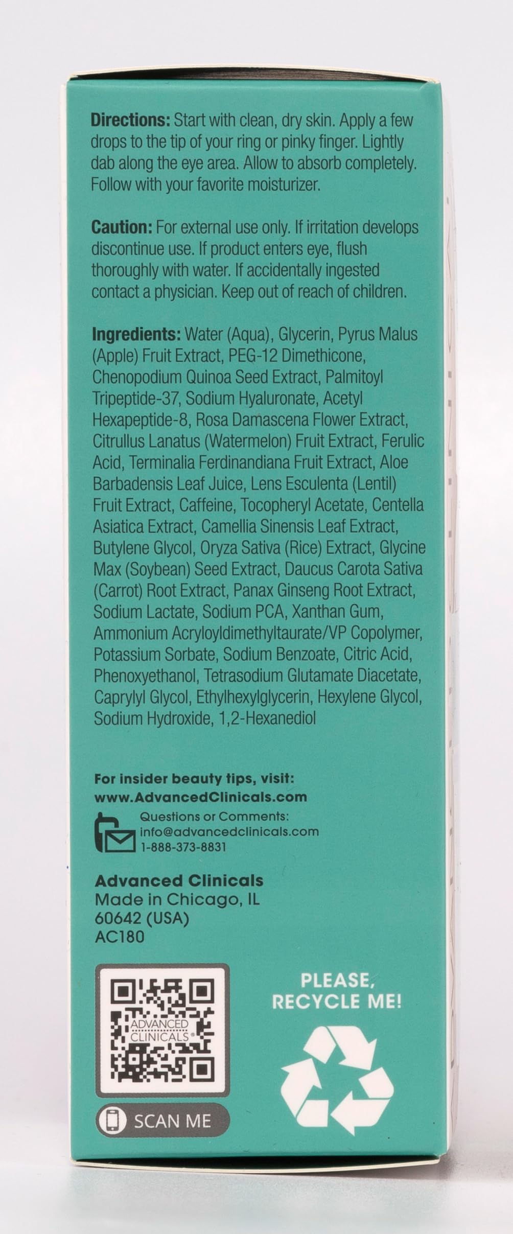 Advanced Clinicals Puffy Under Eye Face Serum Anti Aging, Brightening, & Firming Serum W/Vitamin E, Collagen, Gotu Kola, Caffeine, & Green Tea Helps Hydrate & Calm Puffiness, 1.75 Fl Oz