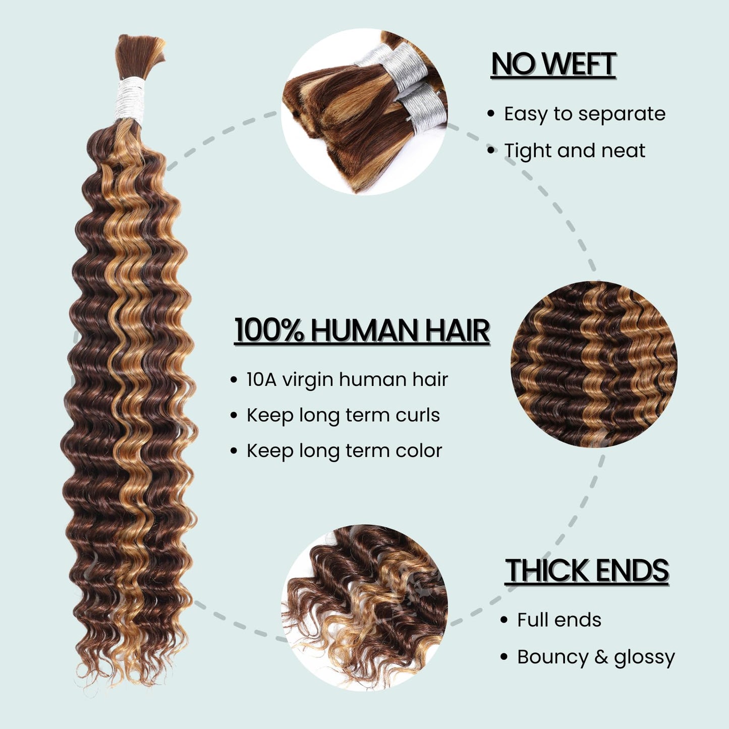 AUROO 10A Braiding Hair Deep Wave Bulk Human Hair For Braiding 24In,No Weft Honey Blonde Highlight Ombre Bundles Curly Micro Braiding Hair For Boho Knotless Braids 100% Virgin Human Braiding Hair 100g