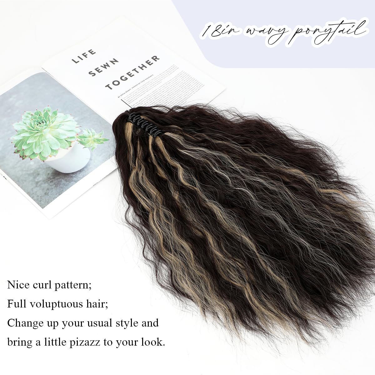 Yekartary Claw Clip Ponytail Extension for Women 18 Inch Long Wavy Multi Layered Hairpiece Fluffy Synthetic Hair Dark Brown mix Dark Blonde