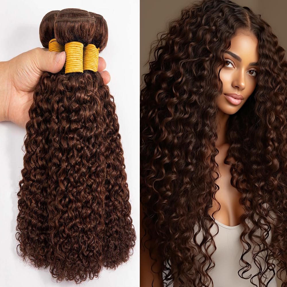 #4 Deep Curly Weave Bundles Human Hair Dark Brown Kinky Curly Bundles Double Weft Brazilian Remy Hair Extensions Wet and Wavy Bundles Silky Soft for Black Women(22 24 26 Inch 3 Bundles)