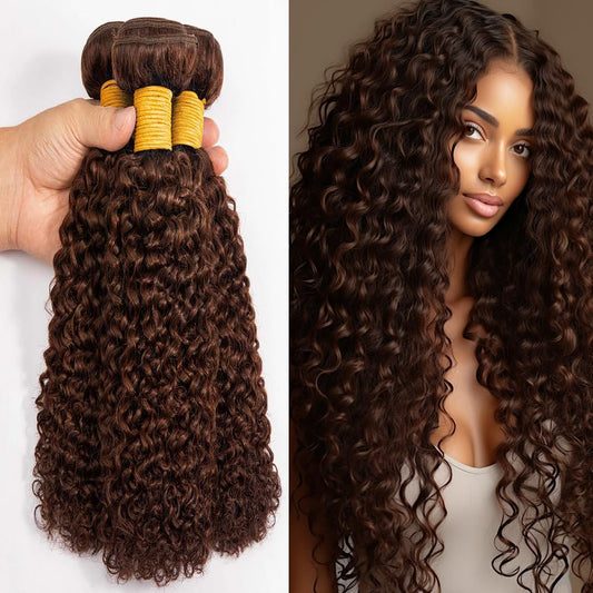 #4 Human Hair Kinky Curly Bundles Dark Brown Curly Weave Human Hair Bundles Double Weft Brazilian Remy Hair Extensions Wet and Wavy Bundles Silky Soft for Black Women(24 24 24 Inch 3 Bundles)