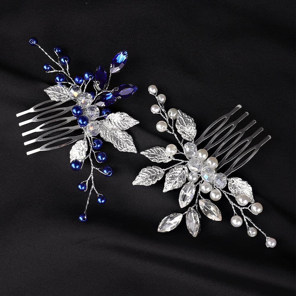 YERTTER Wedding Bridal Hair Comb decorative Rhinestone Bride Crystal Leaf Beads Comb Crystal Silver Handmade Updo Comb Clip Head Pieces for Women Flower Girls (Blue)