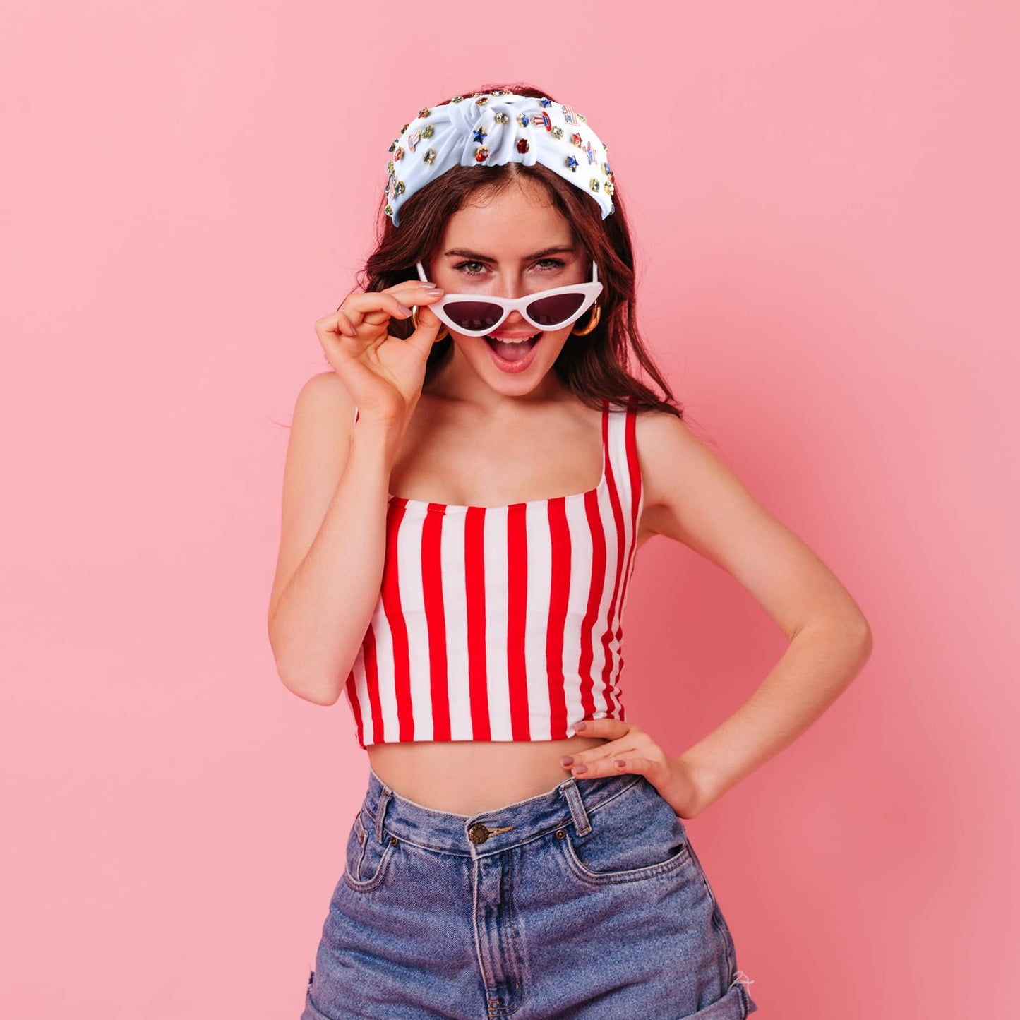 ABONDEVER Patriotic Rhinestone Beaded Headbands for Women American Flag Crystal Knotted Headband Embellished Jeweled Headbands 4th of July Hairband Accessories Gifts (White-Star)