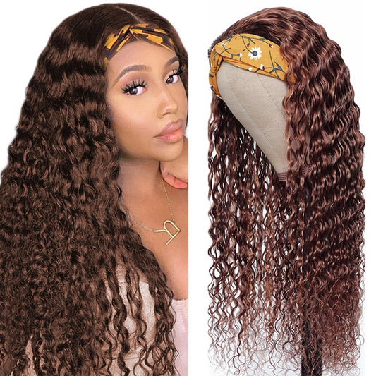 YiweYowe 24 Inch #4 Chocolate Brown Headband Wig Human Hair 150% Density Brazilian Virgin Hair #4 Brown Water Wave Wig Human Hair Glueless Machine Made Headband Wig