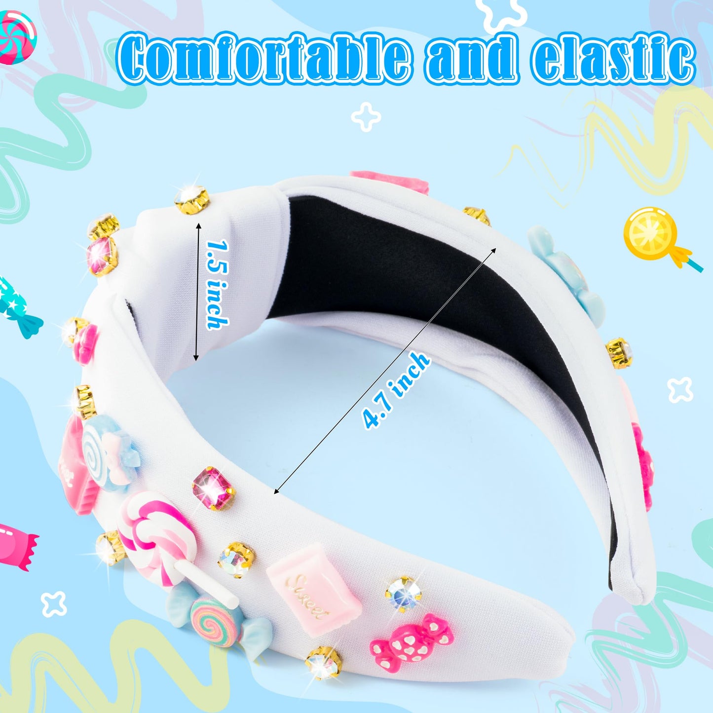 PANTIDE Candy Jeweled Knotted Headband - Sugar Lollipop Rhinestone Crystal Embellished Preppy Headband Non Slip Wide Top Knot Fashion Hairband Hair Accessories Birthday Gift for Women Girls (White)