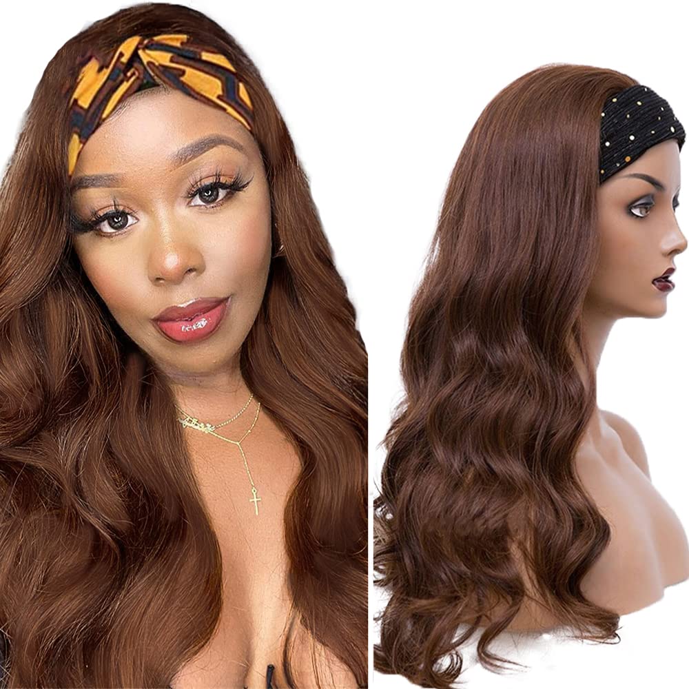 YiweYowe #4 Chocolate Brown Body Wave Headband Wig Human Hair 30 Inch #4 Brown Color 150% Density Glueless None Lace Front Wig Brazilian Virgin Hair Wear and Go Wigs for Black Women